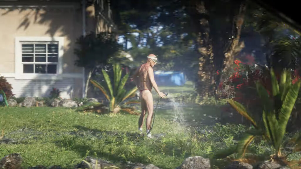 Grand Theft Auto VI screenshot of man watering garden